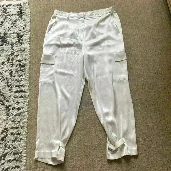 Babaton Refined Satin Cargo Pant, bone/white high waisted pant, size 16. - Picture 1 of 14